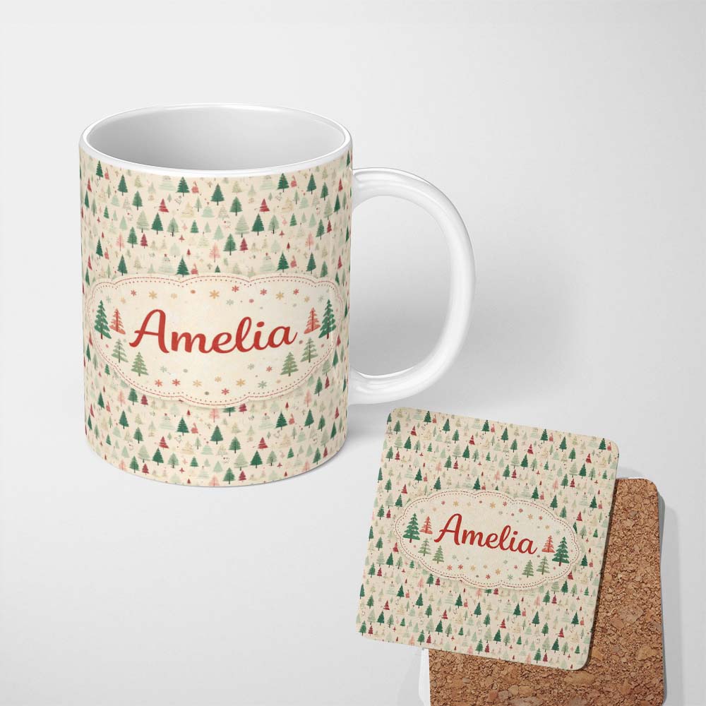 Personalized Custom Name Soft Neutral Christmas Forest Trees Seamless Pattern Lovely 11oz Ceramic Coffee Tea Mug White Large Handle