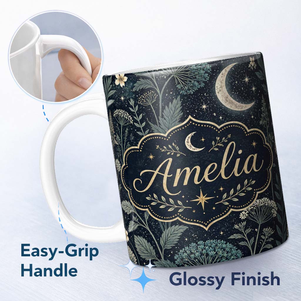 Personalized Custom Name Dark Botanical Moon Stars Night Meadow Seamless Pattern Lovely 11oz Ceramic Coffee Tea Mug White Large Handle