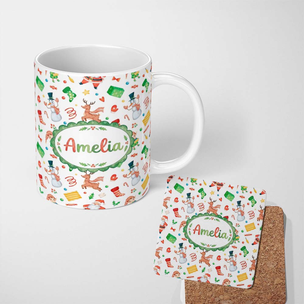 Personalized Custom Name Cute Santa Snowman Reindeer Elf Christmas Holiday Fun Seamless 11oz Ceramic Coffee Tea Mug White Large Handle