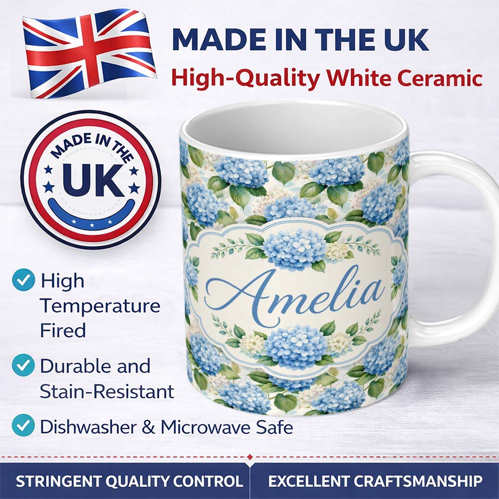 Personalized Custom Name Classic Blue Hydrangea Garden Floral Seamless Pattern Lovely 11oz Ceramic Coffee Tea Mug White Large Handle