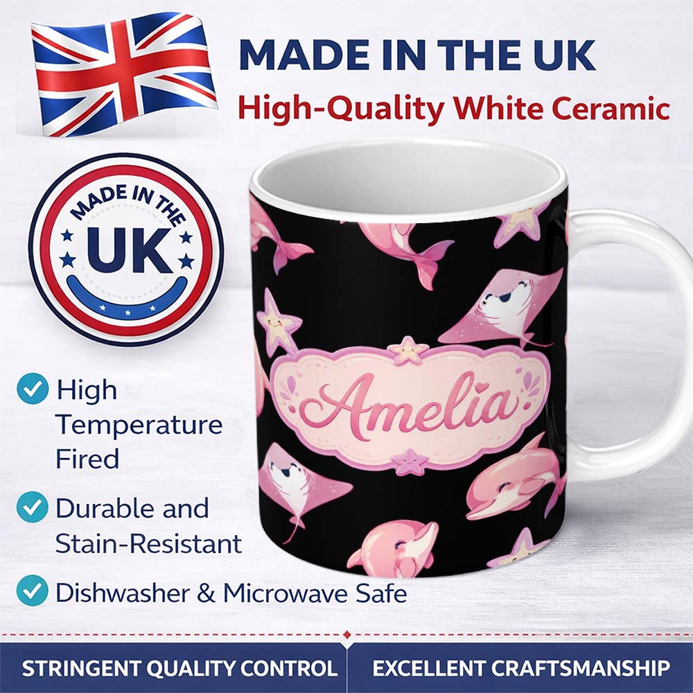 Personalized Custom Name Cute Pink Dolphins and Starfish Seamless Ocean Light Grey Background 11oz Ceramic Coffee Tea Mug White Large Handle
