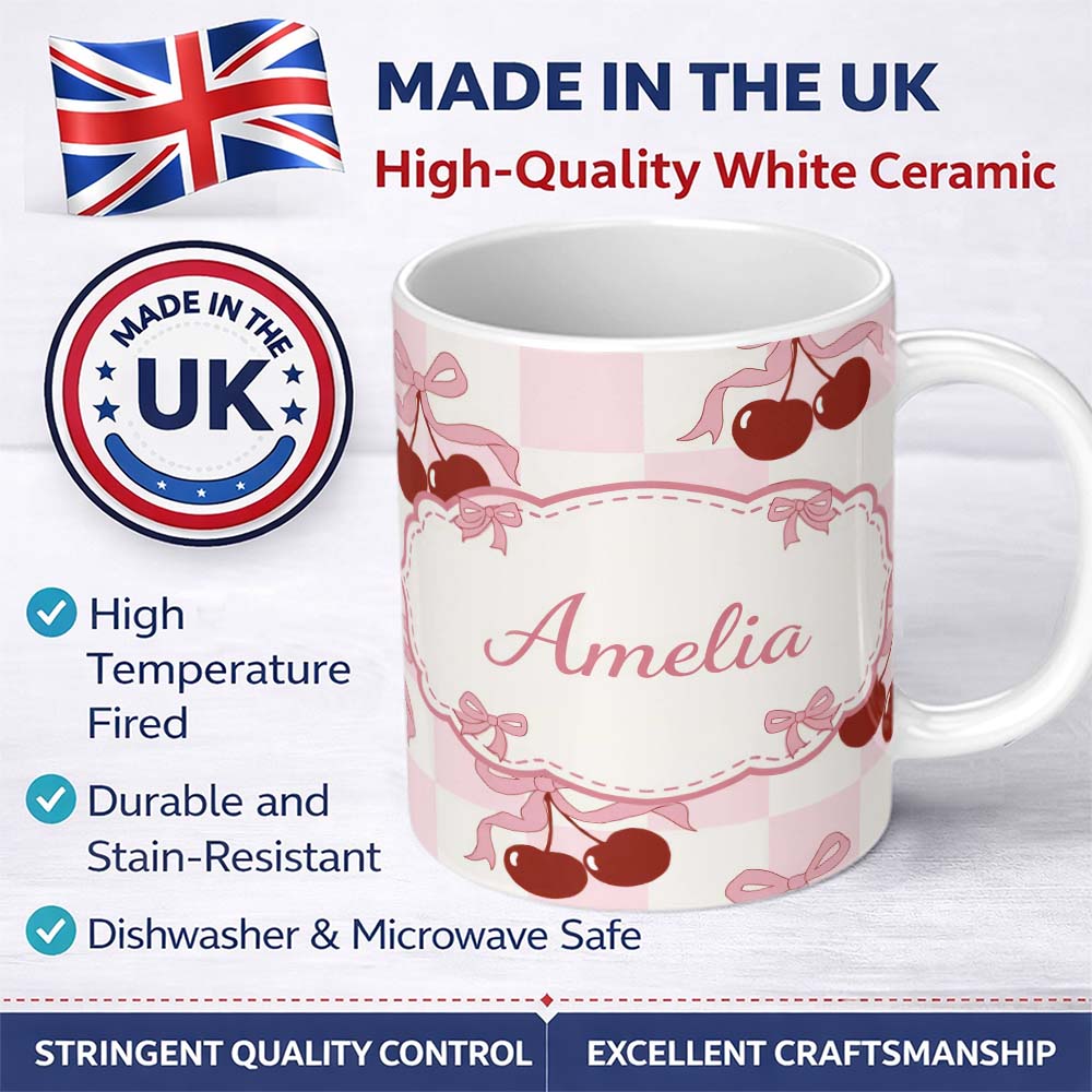 Personalized Custom Name Cherry Bow Ribbon Cute Pink Gingham Picnic Check Seamless Pattern 11oz Ceramic Coffee Tea Mug White Large Handle