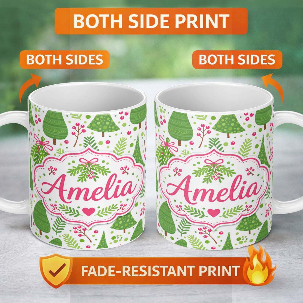 Personalized Custom Name Simple Green Christmas Trees Leaves Berries Seamless Pattern Lovely 11oz Ceramic Coffee Tea Mug White Large Handle