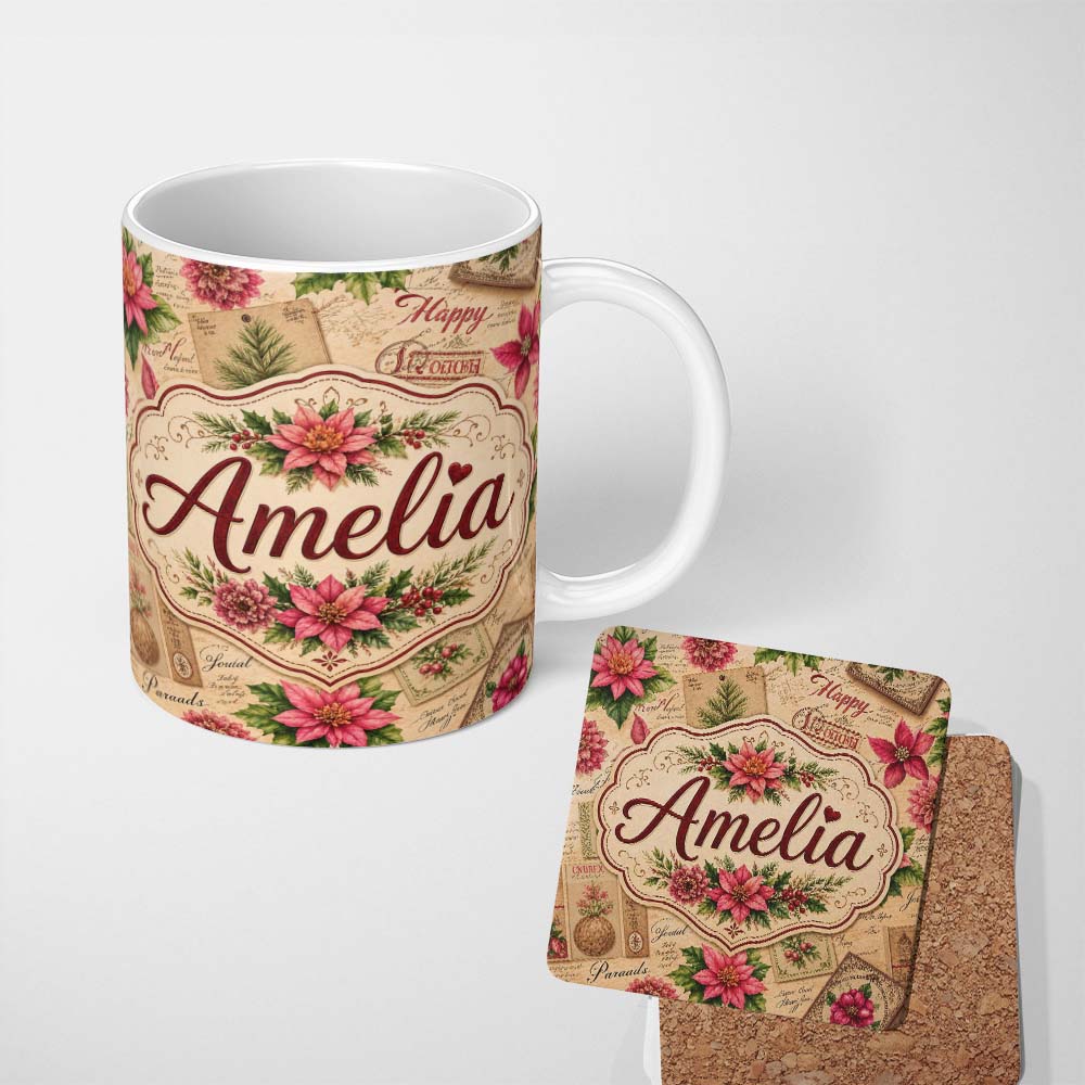 Personalized Custom Name Elegant Vintage Christmas Postcards Botanical Florals and Script 11oz Ceramic Coffee Tea Mug White Large Handle