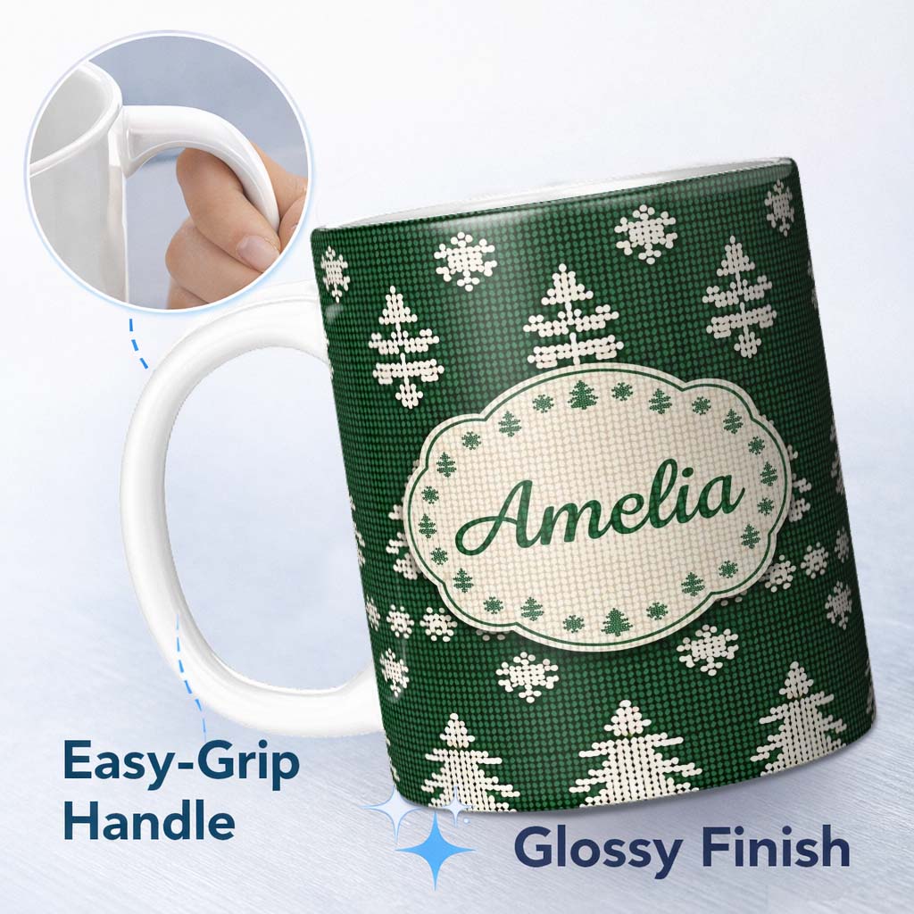 Personalized Custom Name Knitted Nordic Snowflake Christmas Tree Seamless Pattern Lovely 11oz Ceramic Coffee Tea Mug White Large Handle