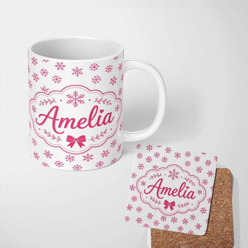 Personalized Custom Name Minimal Pink Snowflake White Background Winter Seamless Pattern 11oz Ceramic Coffee Tea Mug White Large Handle