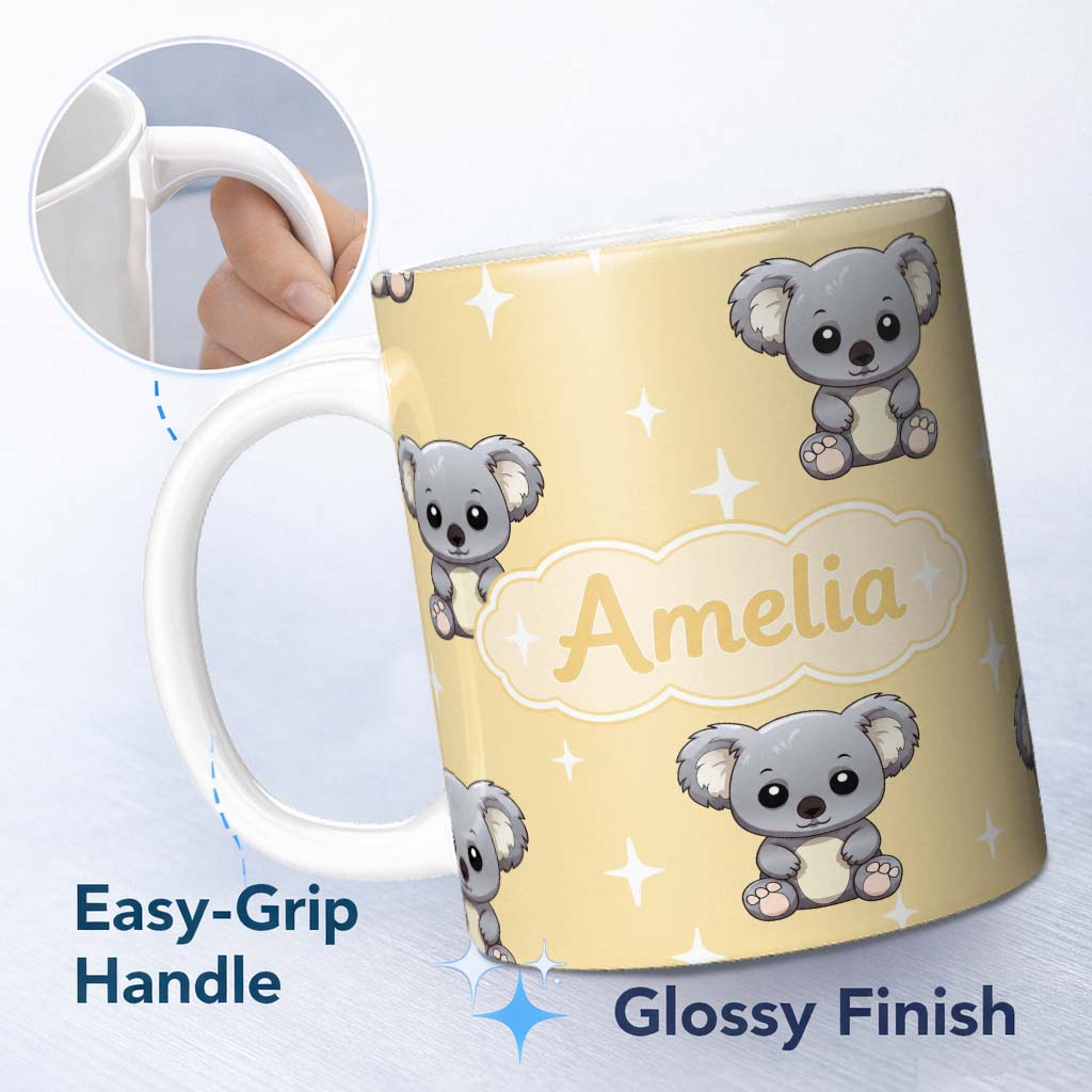 Personalized Custom Name Cute Baby Koala Bears on Soft Beige Background Seamless Pattern 11oz Ceramic Coffee Tea Mug White Large Handle