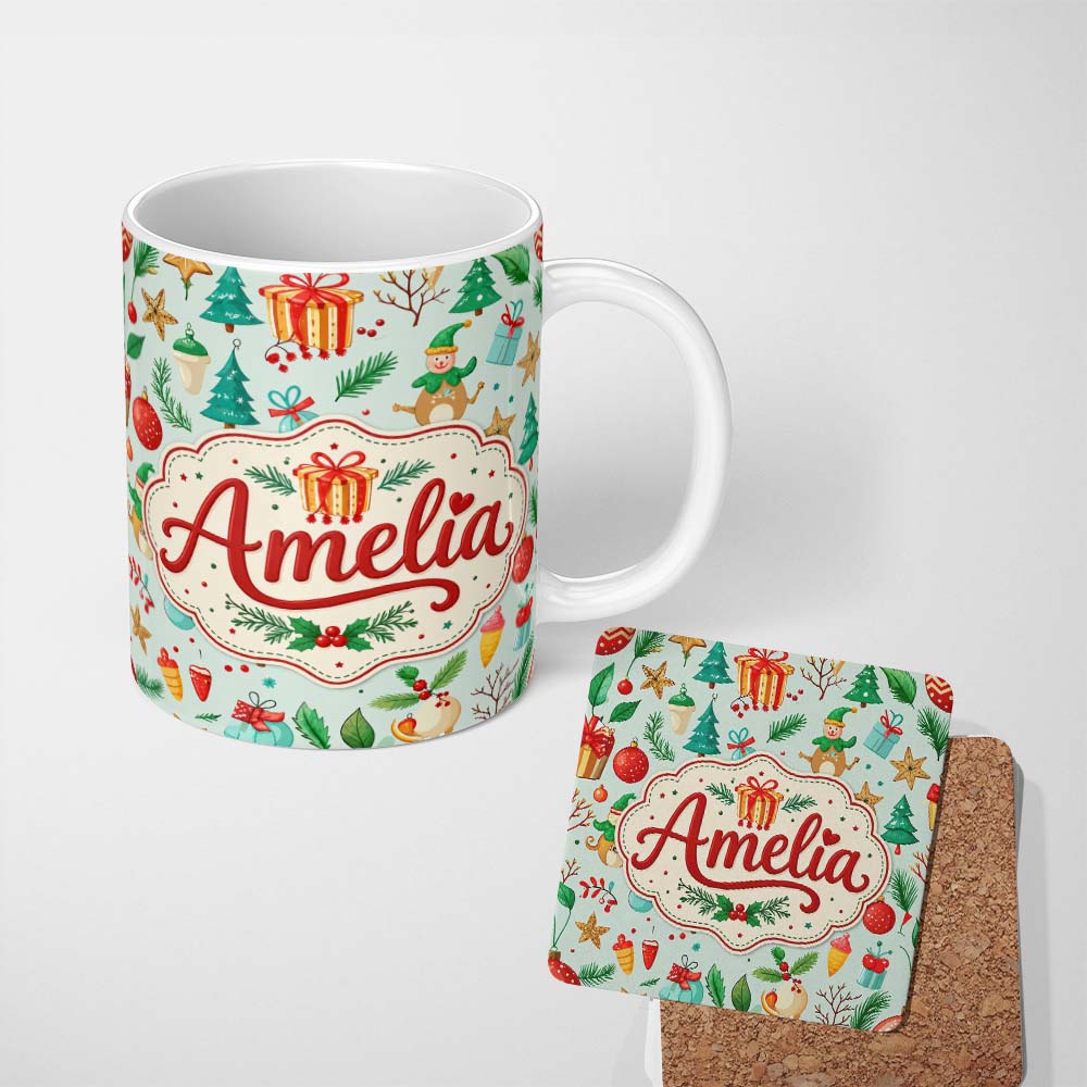 Personalized Custom Name Festive Christmas Ornaments Trees Gifts Holiday Elements Seamless 11oz Ceramic Coffee Tea Mug White Large Handle