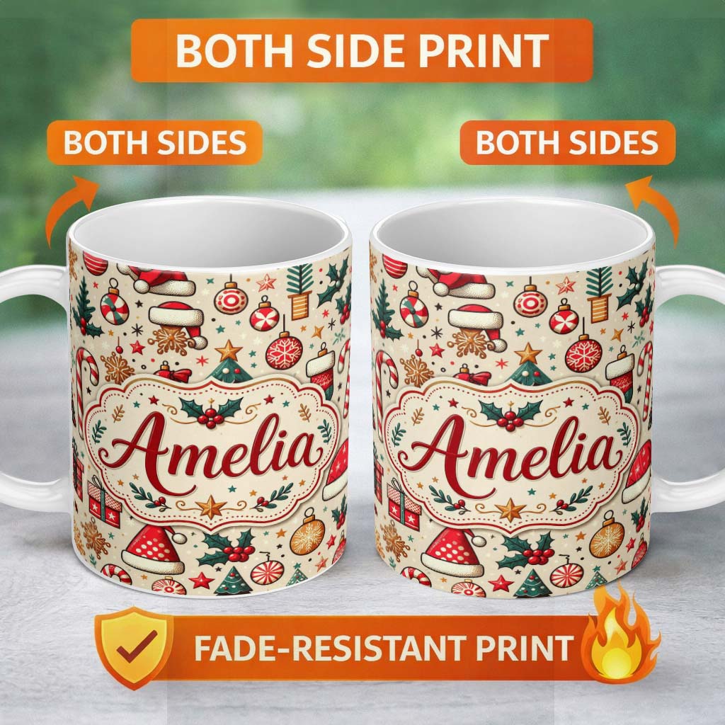 Personalized Custom Name Cute Christmas Tree Santa Hat Stocking Candy Cane Seamless Pattern 11oz Ceramic Coffee Tea Mug White Large Handle