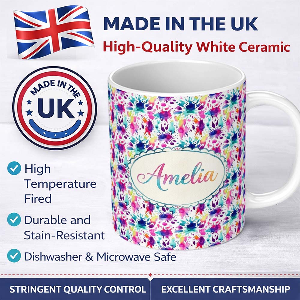 Personalized Custom Name Bright Rainbow Watercolor Splash Vibrant Artistic Seamless Pattern 11oz Ceramic Coffee Tea Mug White Large Handle