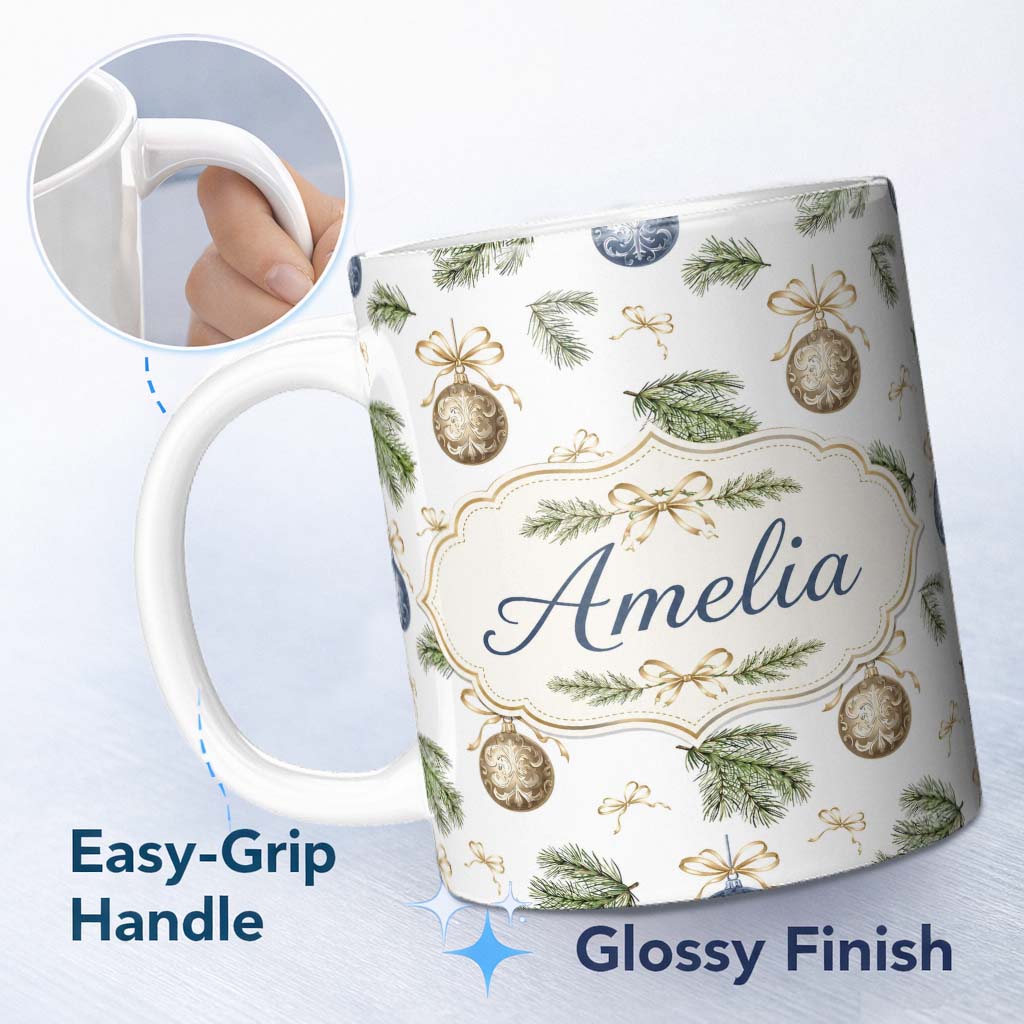 Personalized Custom Name Elegant Gold Blue Baubles Pine Branch Seamless Pattern Lovely 11oz Ceramic Coffee Tea Mug White Large Handle