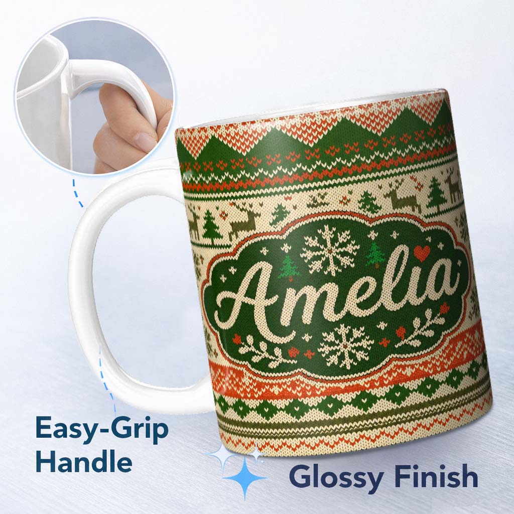 Personalized Custom Name Nordic Zigzag Knit Green Red Cream Geometric Festive Sweater Style 11oz Ceramic Coffee Tea Mug White Large Handle