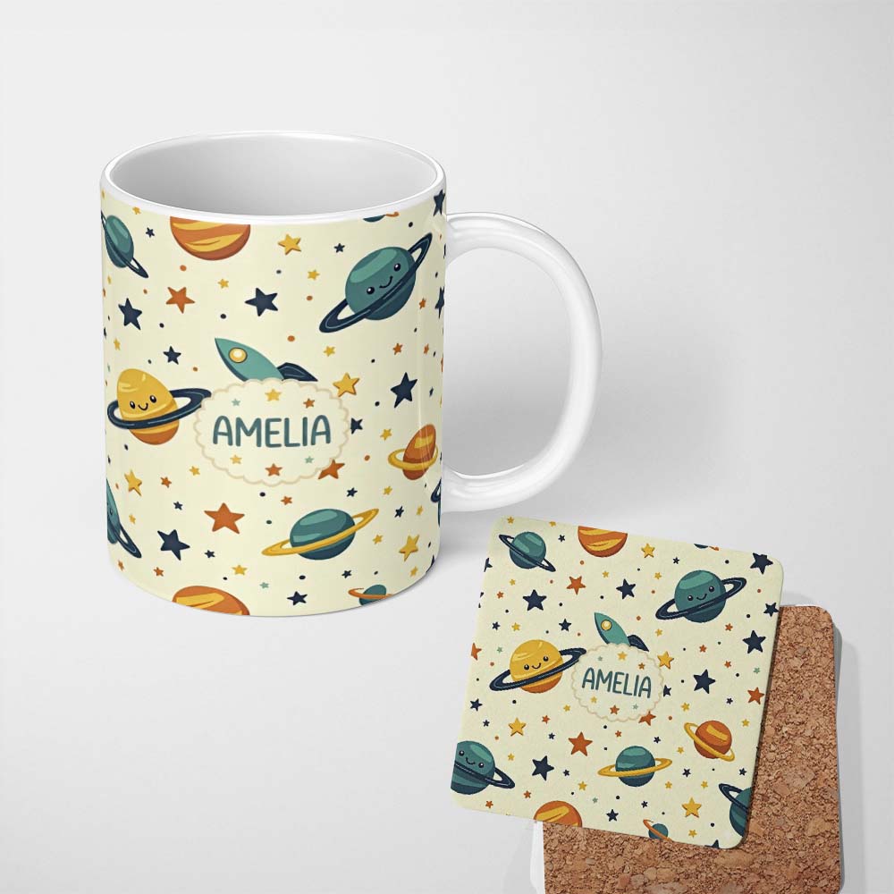 Personalized Custom Name Cute Space Planets Stars Rocket Seamless Pattern Cute Unique Gift 11oz Ceramic Coffee Tea Mug White Large Handle
