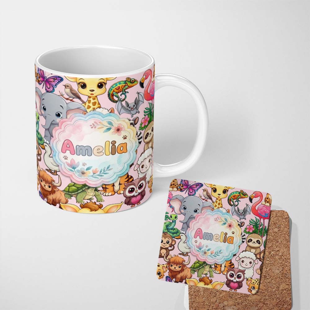 Personalized Custom Name Cute Cartoon Jungle Safari Animals Seamless Pattern on Pink Lovely 11oz Ceramic Coffee Tea Mug White Large Handle