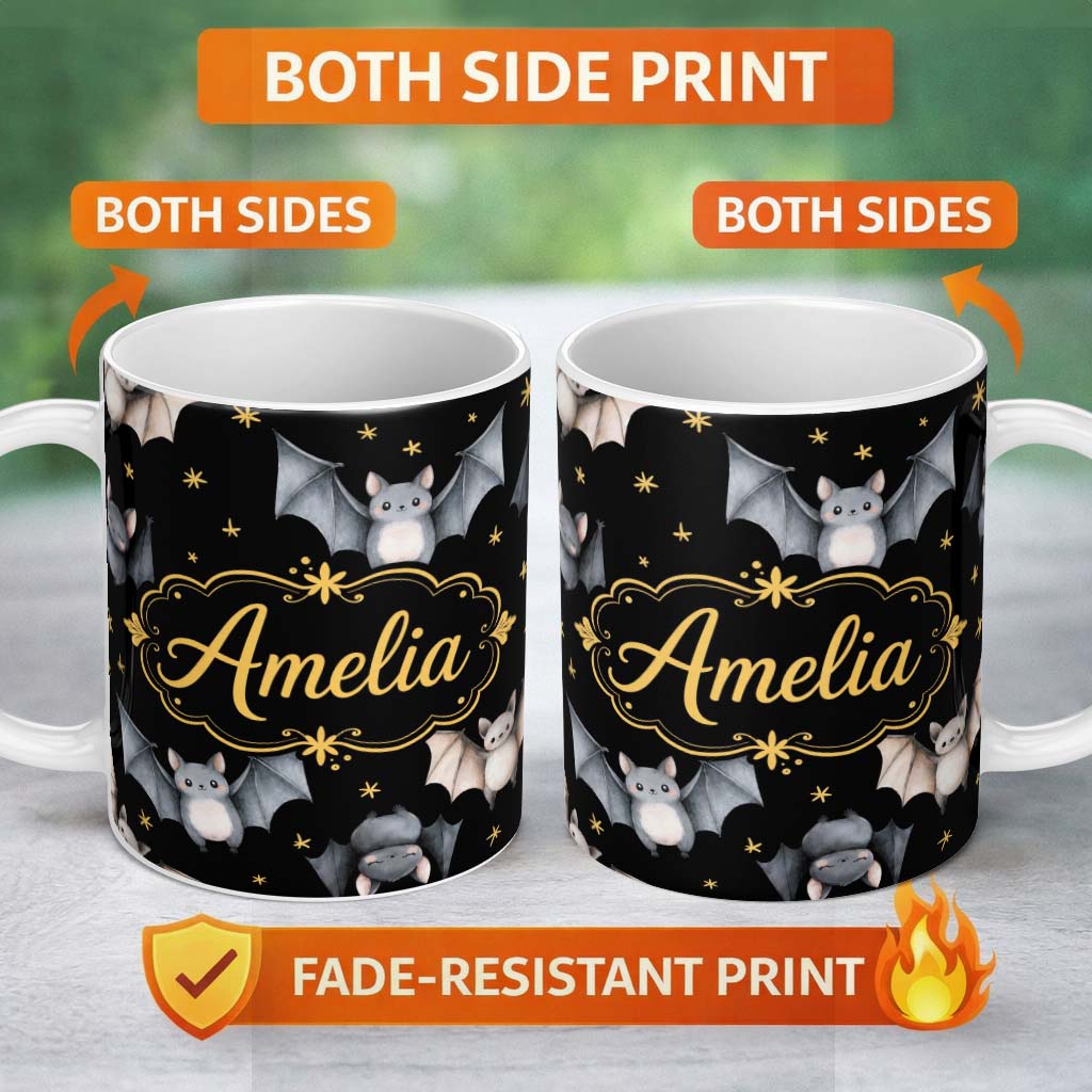 Personalized Custom Name Cute Watercolor Bats and Stars Seamless Halloween Pattern Black 11oz Ceramic Coffee Tea Mug White Large Handle
