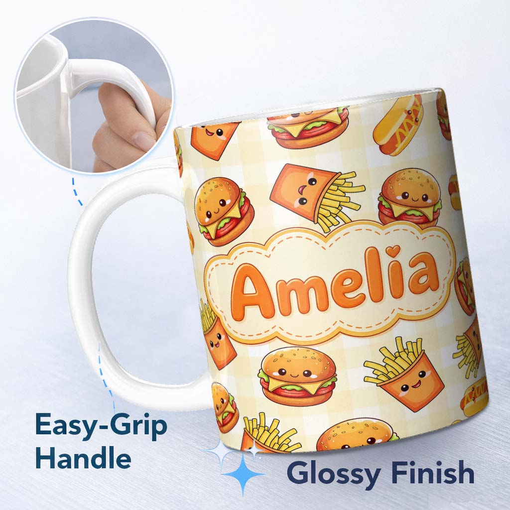 Personalized Custom Name Cute Kawaii Burger Fries Hotdog Fast Food Gingham Background 11oz Ceramic Coffee Tea Mug White Large Handle