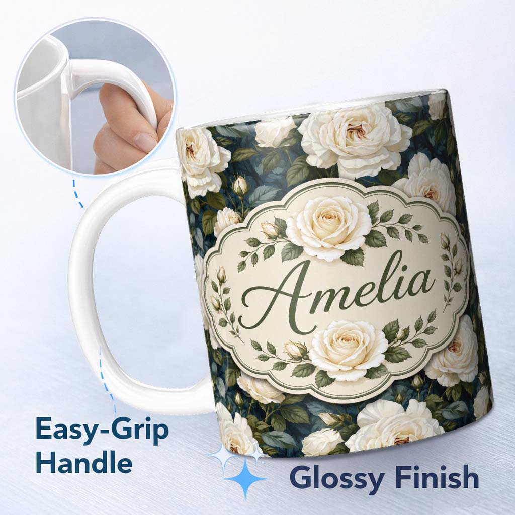 Personalized Custom Name Romantic White Roses Dark Botanical Garden Seamless Pattern Lovely 11oz Ceramic Coffee Tea Mug White Large Handle
