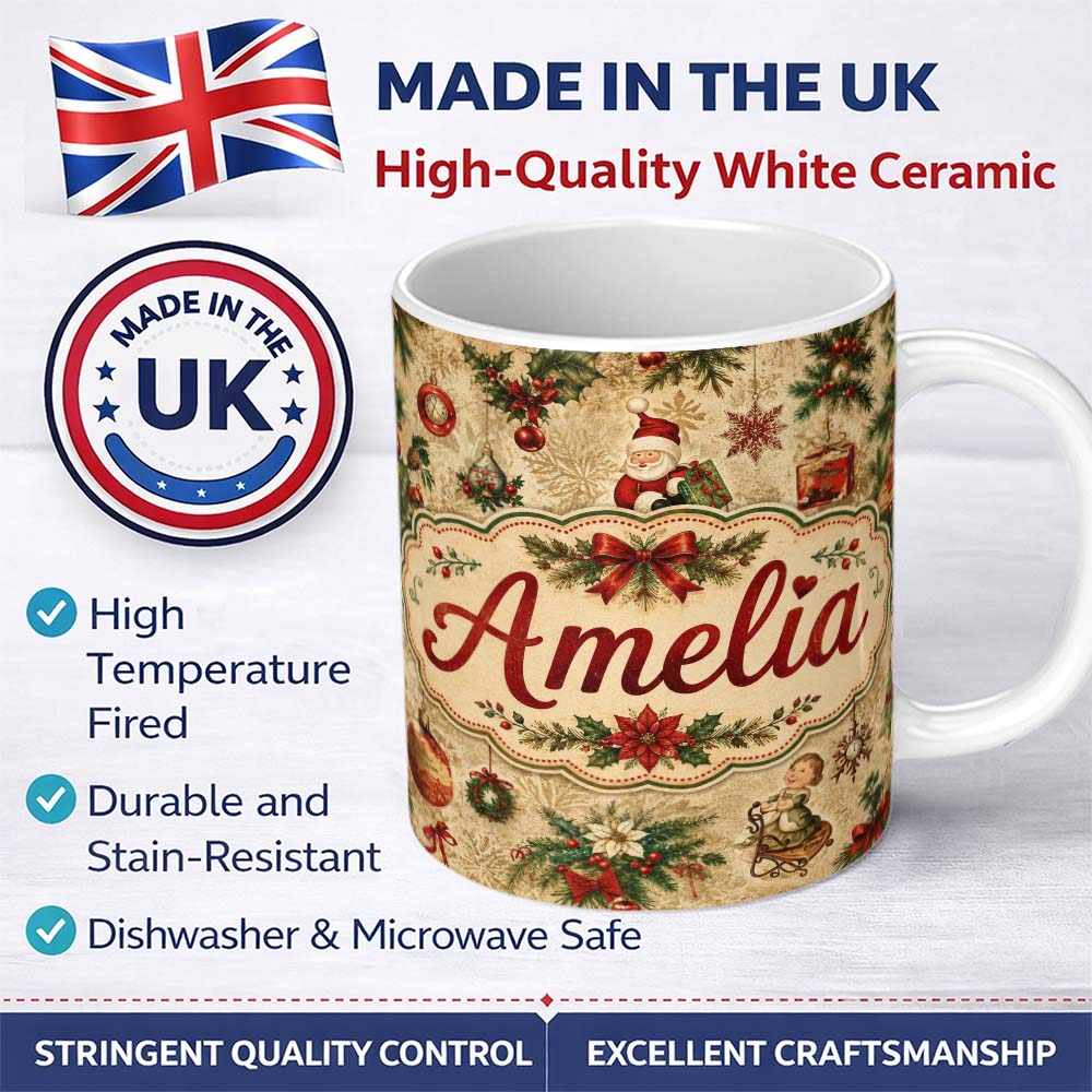Personalized Custom Name Classic Christmas Santa Gift Holly Snowflake Seamless Pattern Lovely 11oz Ceramic Coffee Tea Mug White Large Handle
