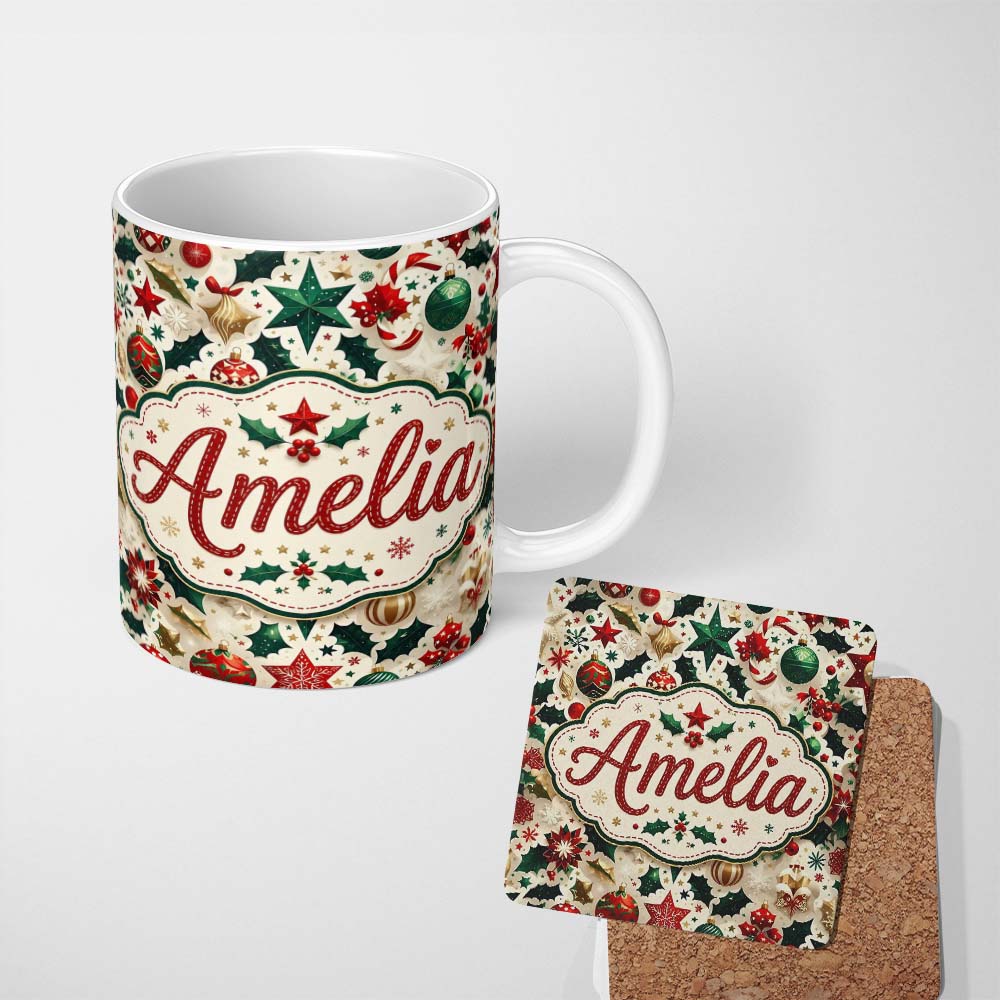 Personalized Custom Name Festive Christmas Star Ornaments Holly Leaves Seamless Pattern 11oz Ceramic Coffee Tea Mug White Large Handle