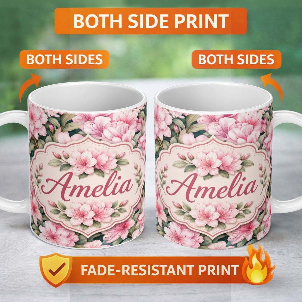 Personalized Custom Name Soft Pink Azalea Flowers Dense Botanical Seamless Pattern Lovely 11oz Ceramic Coffee Tea Mug White Large Handle