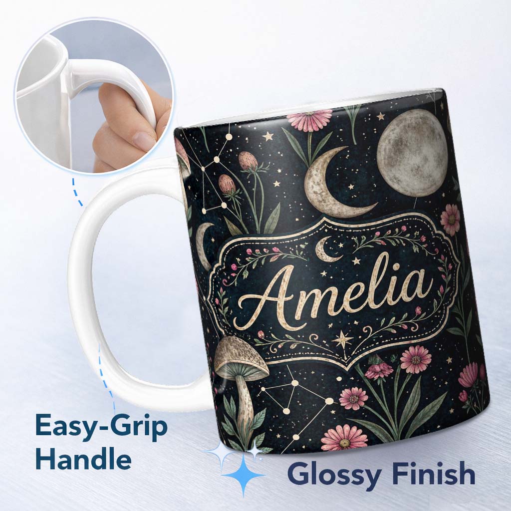 Personalized Custom Name Celestial Floral Moon Constellation Night Seamless Pattern Lovely 11oz Ceramic Coffee Tea Mug White Large Handle