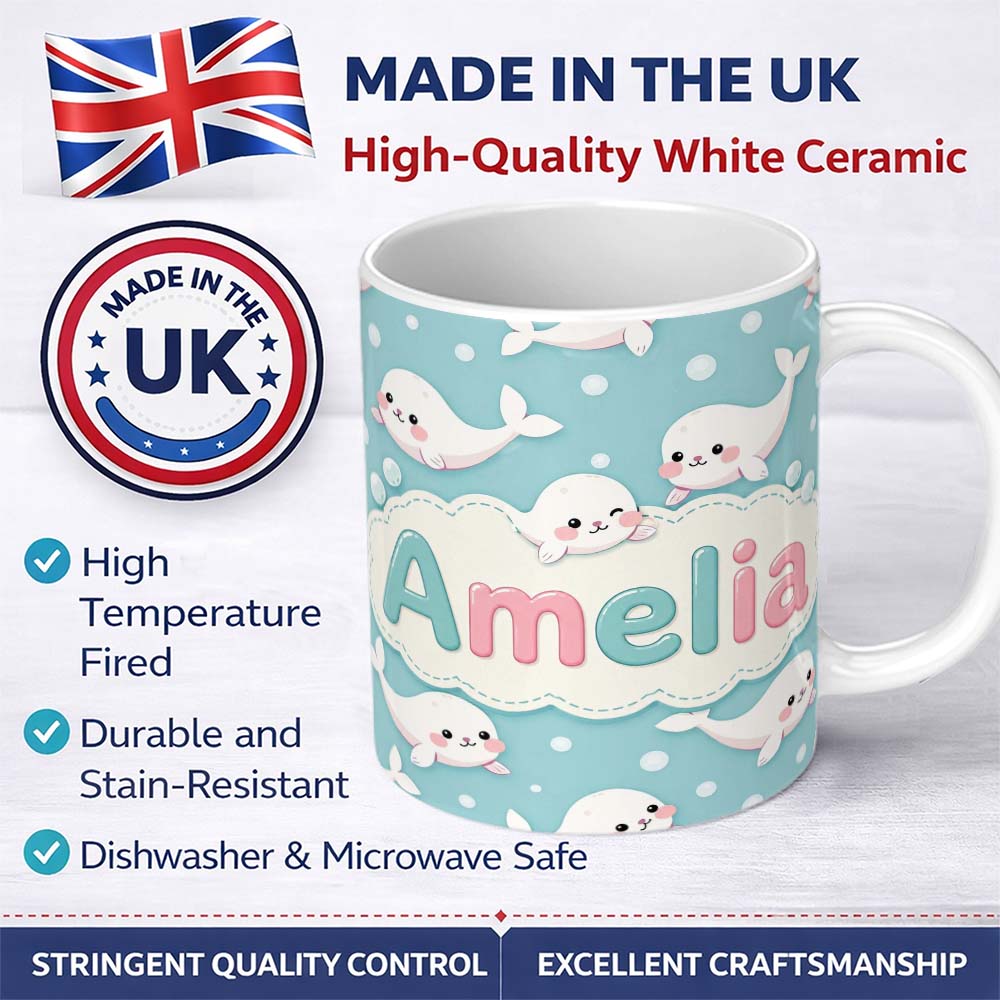 Personalized Custom Name Cute Baby Seals Ocean Bubbles Kawaii Marine Seamless Pattern Lovely 11oz Ceramic Coffee Tea Mug White Large Handle