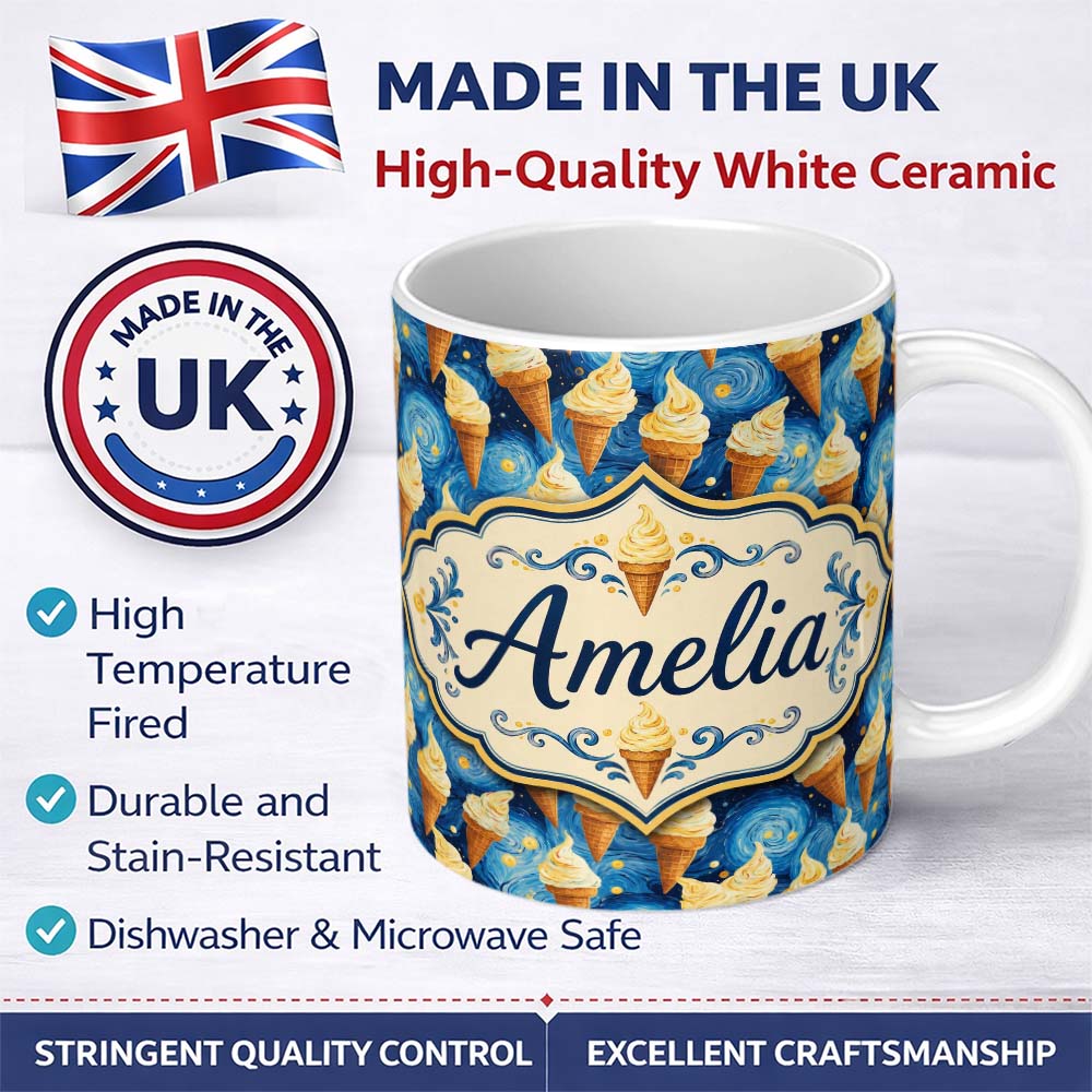 Personalized Custom Name Artistic Ice Cream Cones Over Starry Night Inspired Blue Swirl 11oz Ceramic Coffee Tea Mug White Large Handle
