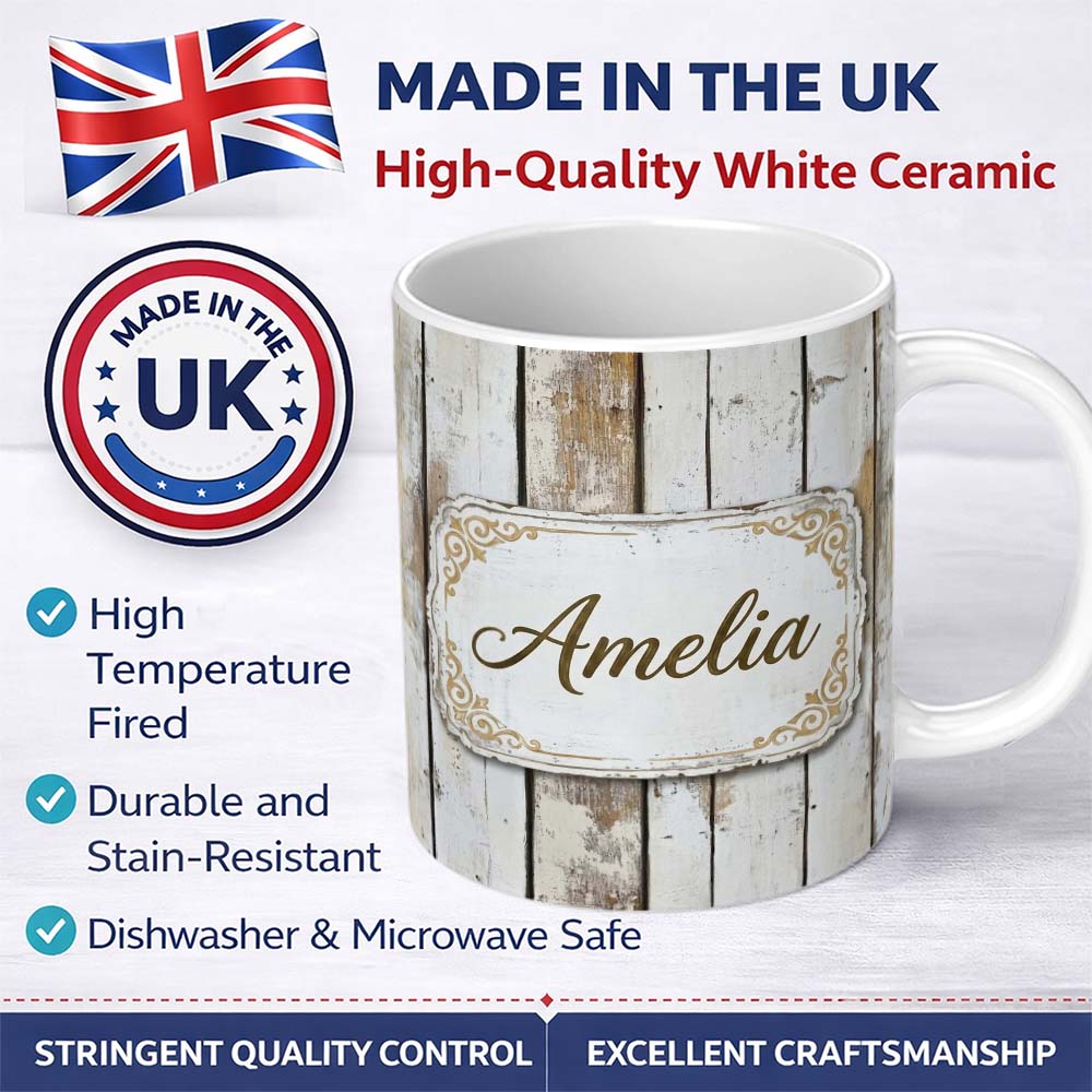 Personalized Custom Name Vertical Weathered Wooden Planks Whitewashed Distressed Lovely 11oz Ceramic Coffee Tea Mug White Large Handle
