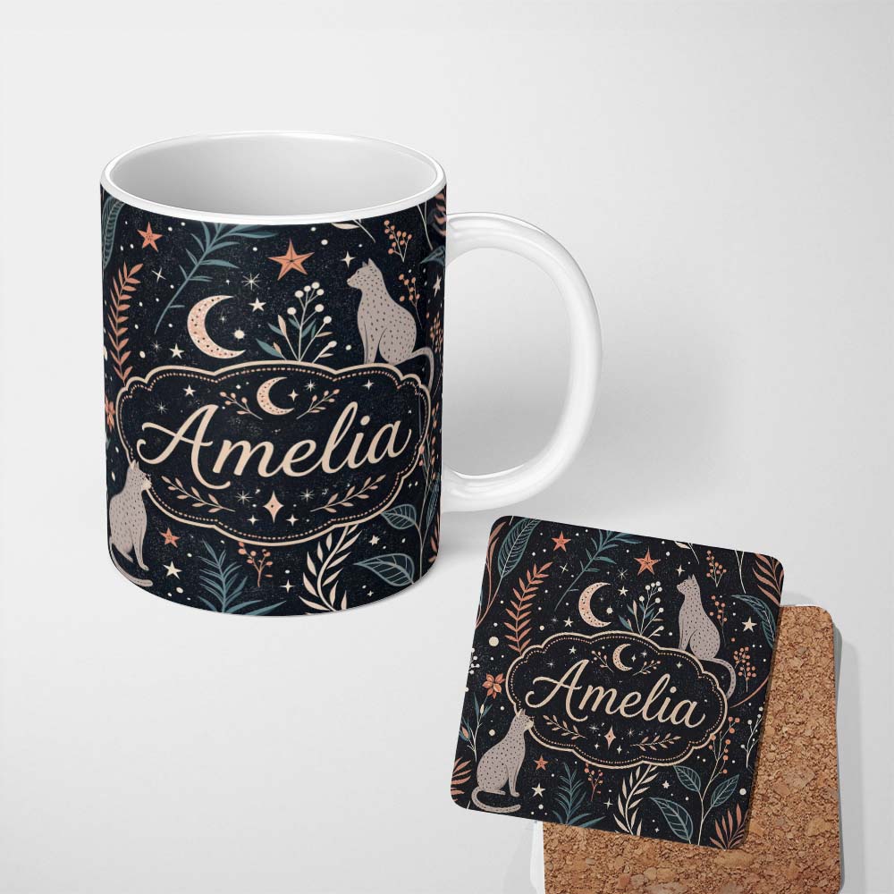 Personalized Custom Name Celestial Cat Moon Stars Botanical Night Seamless Pattern Lovely 11oz Ceramic Coffee Tea Mug White Large Handle