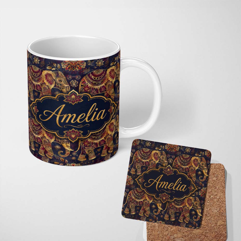 Personalized Custom Name Rich Burgundy and Gold Elephant Ethnic Seamless Pattern Lovely 11oz Ceramic Coffee Tea Mug White Large Handle