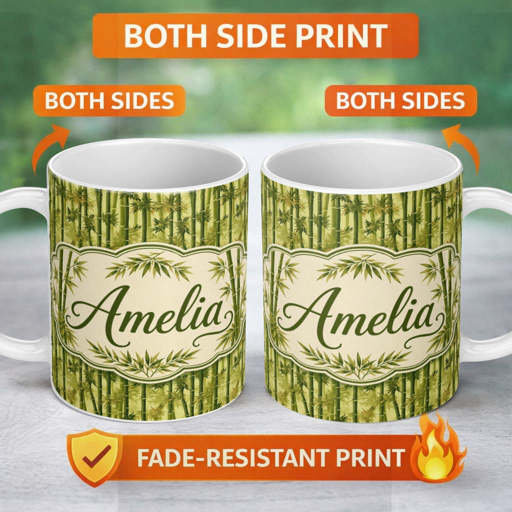 Personalized Custom Name Lush Bamboo Forest with Layered Leaves Natural Seamless Pattern 11oz Ceramic Coffee Tea Mug White Large Handle
