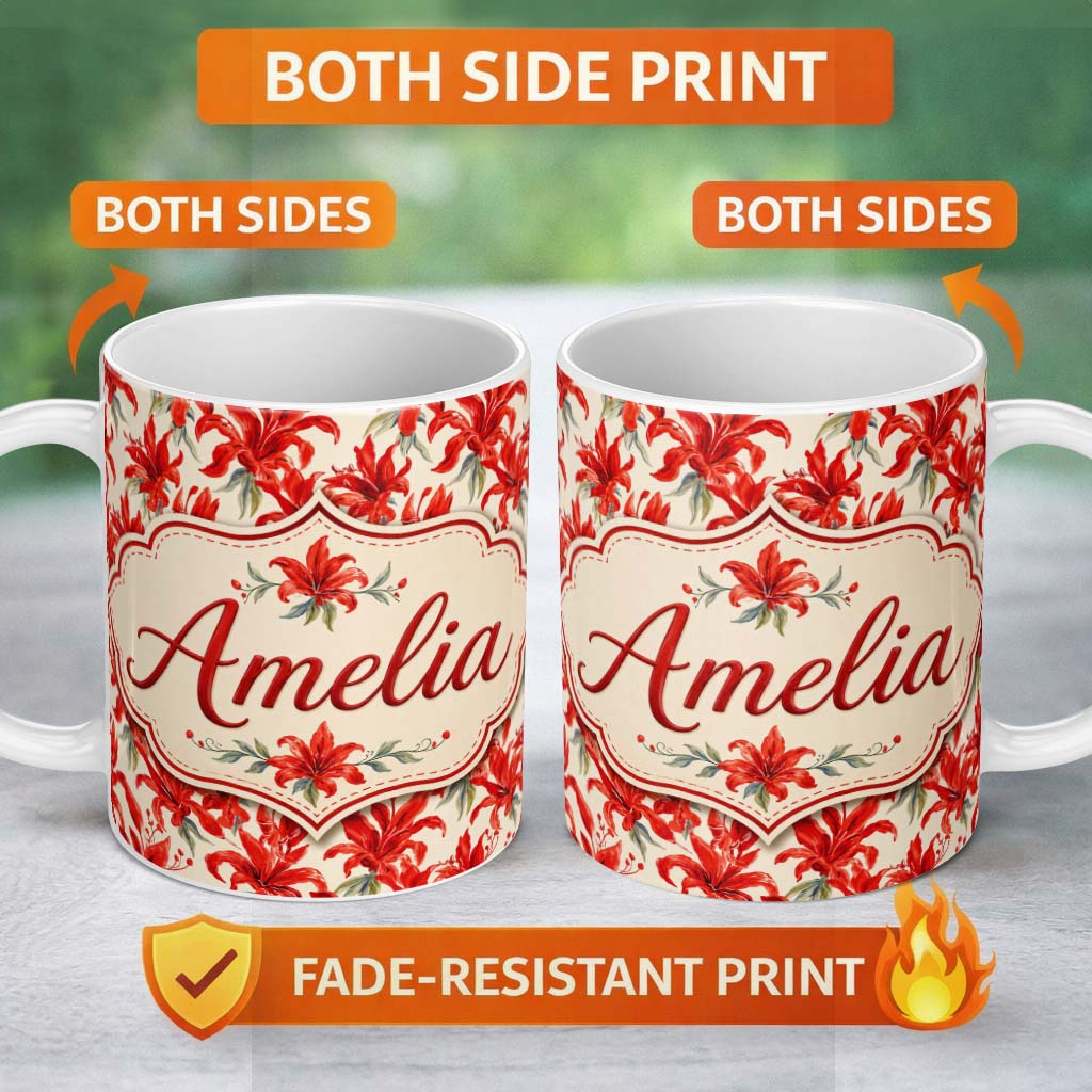 Personalized Custom Name Bold Red Lily Watercolor Floral Seamless Pattern Cute Unique Gift 11oz Ceramic Coffee Tea Mug White Large Handle