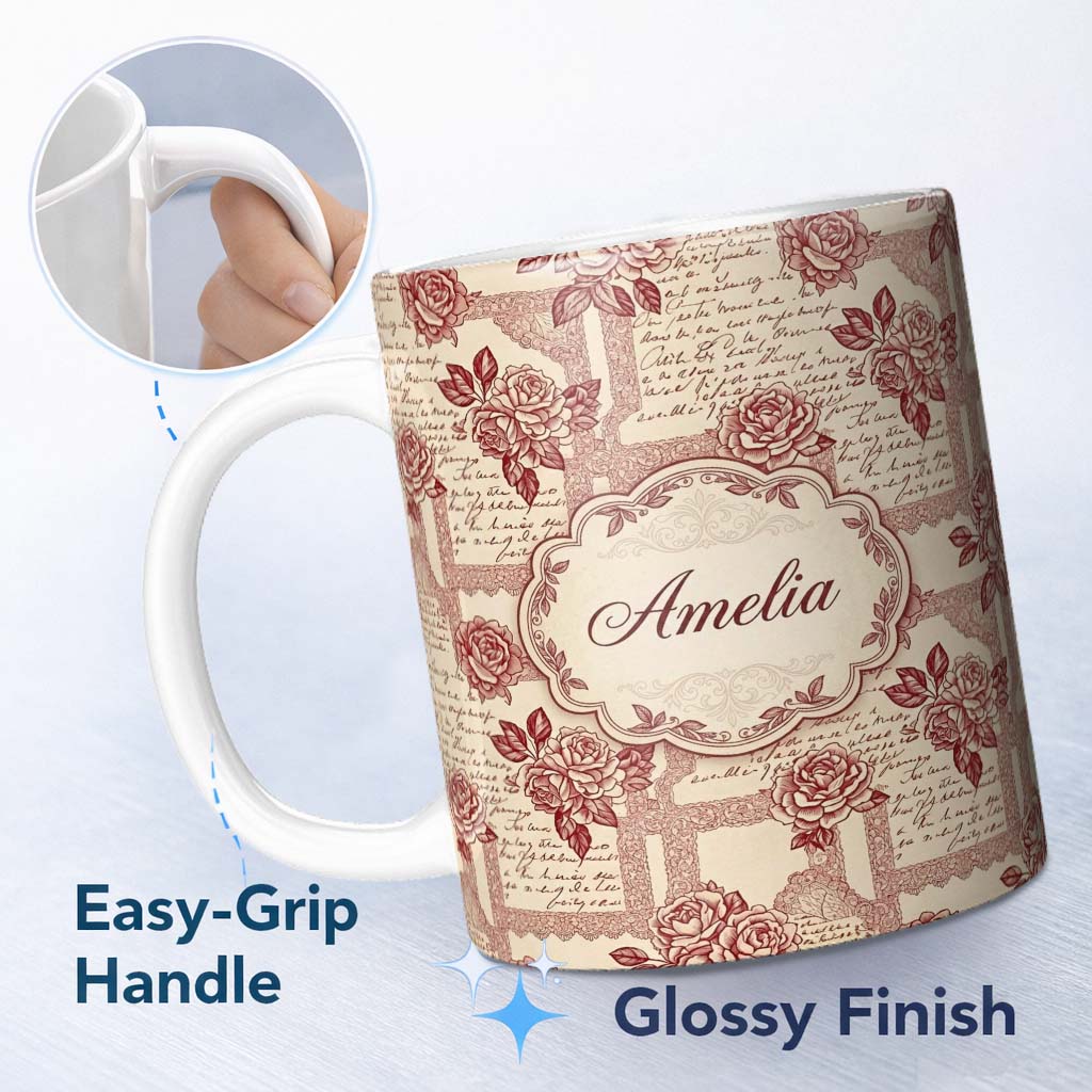 Personalized Custom Name Vintage Rose Script Frame Elegant Seamless Pattern Design Lovely 11oz Ceramic Coffee Tea Mug White Large Handle