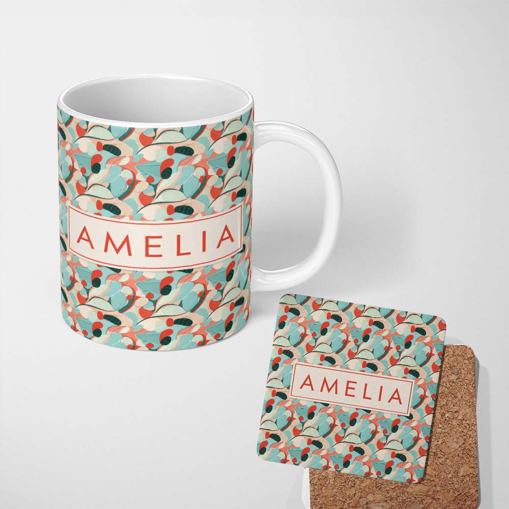 Personalized Custom Name Abstract Mid Century Modern Organic Shapes Teal Coral Seamless 11oz Ceramic Coffee Tea Mug White Large Handle