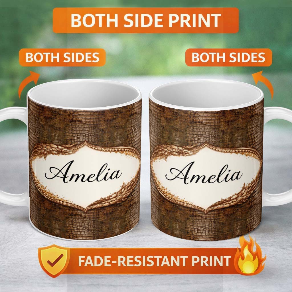 Personalized Custom Name Dark Brown Crocodile Texture Pattern Realistic Design Lovely 11oz Ceramic Coffee Tea Mug White Large Handle