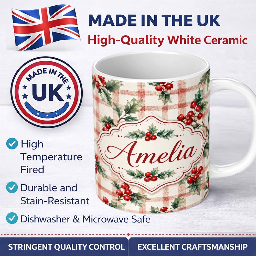 Personalized Custom Name Watercolor Holly Berry Plaid Background Seamless Pattern Lovely 11oz Ceramic Coffee Tea Mug White Large Handle