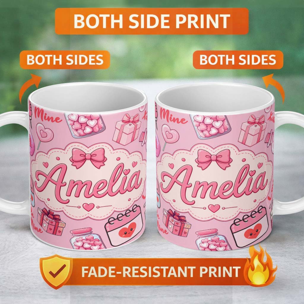 Personalized Custom Name Cute Kawaii Valentine Love Hearts Syringe Gift Calendar Blush Pink 11oz Ceramic Coffee Tea Mug White Large Handle