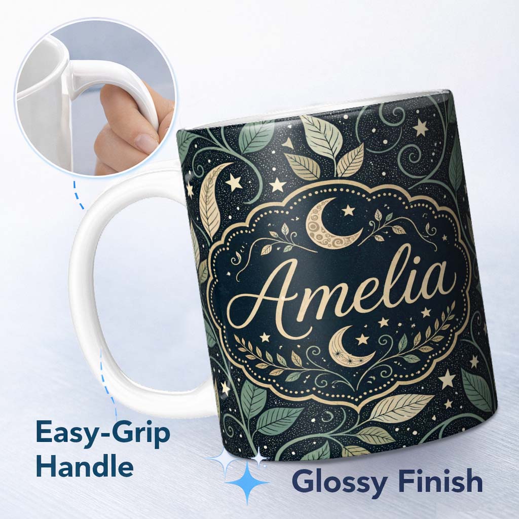 Personalized Custom Name Celestial Moth Moon Stars Botanical Night Seamless Pattern Lovely 11oz Ceramic Coffee Tea Mug White Large Handle