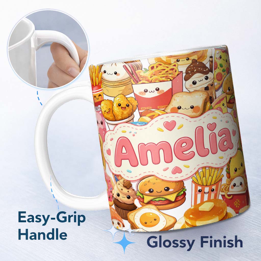 Personalized Custom Name Kawaii Fast Food Collage Burger Pizza Fries Drinks White Seamless 11oz Ceramic Coffee Tea Mug White Large Handle
