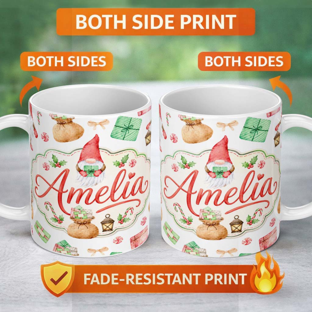 Personalized Custom Name Cute Christmas Gnome Gift Candy Cane Holiday Seamless Pattern Lovely 11oz Ceramic Coffee Tea Mug White Large Handle