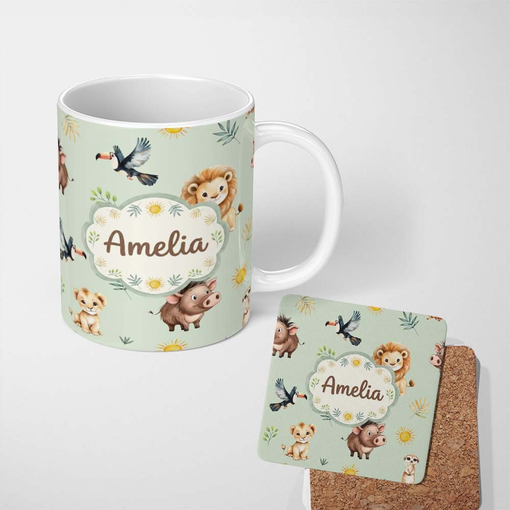 Personalized Custom Name Jungle Animals Lion Meerkat Toucan Boar on Sage Green Seamless 11oz Ceramic Coffee Tea Mug White Large Handle