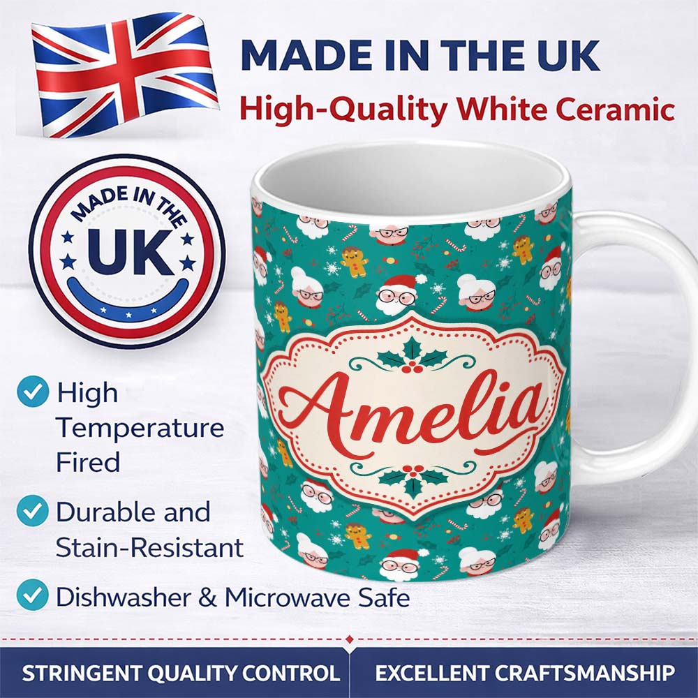 Personalized Custom Name Cute Santa Mrs Claus Gingerbread Seamless Pattern Design Festive 11oz Ceramic Coffee Tea Mug White Large Handle