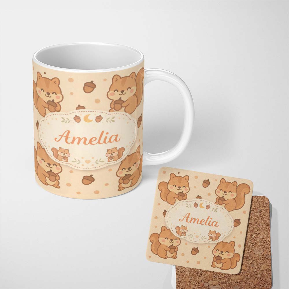 Personalized Custom Name Cute Squirrel Acorn Cartoon Animal Pattern Perfect Gift for Her 11oz Ceramic Coffee Tea Mug White Large Handle