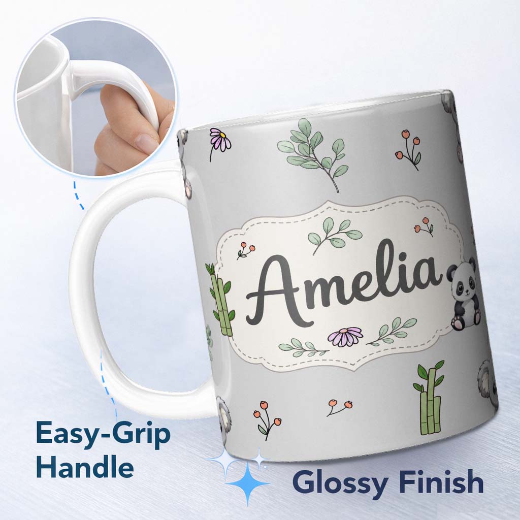 Personalized Custom Name Cute Panda Bear with Bamboo Leaves Floral Seamless Pattern Grey 11oz Ceramic Coffee Tea Mug White Large Handle