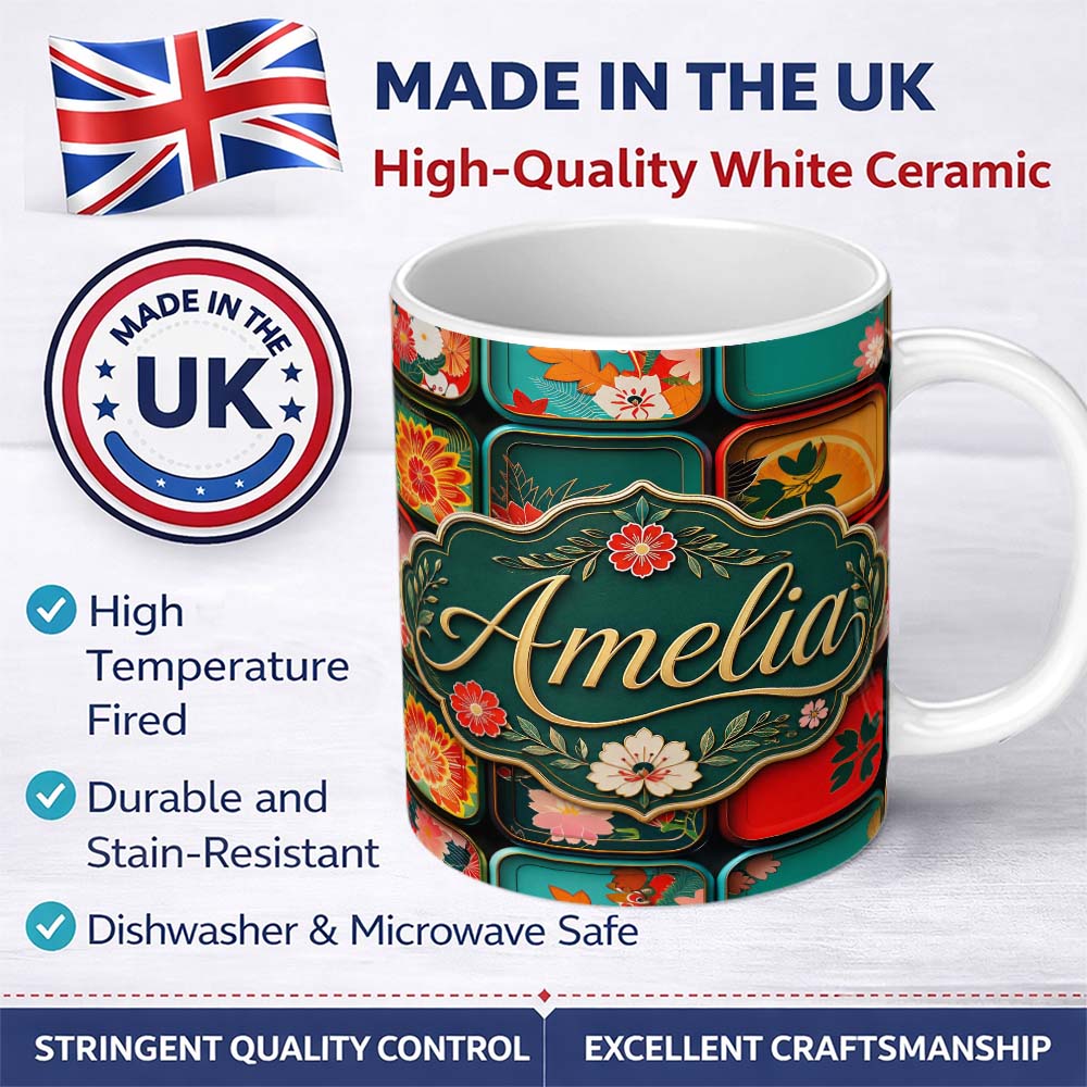 Personalized Custom Name Japanese Floral Bento Box Lid Patterns Pattern Vibrant Decorative 11oz Ceramic Coffee Tea Mug White Large Handle
