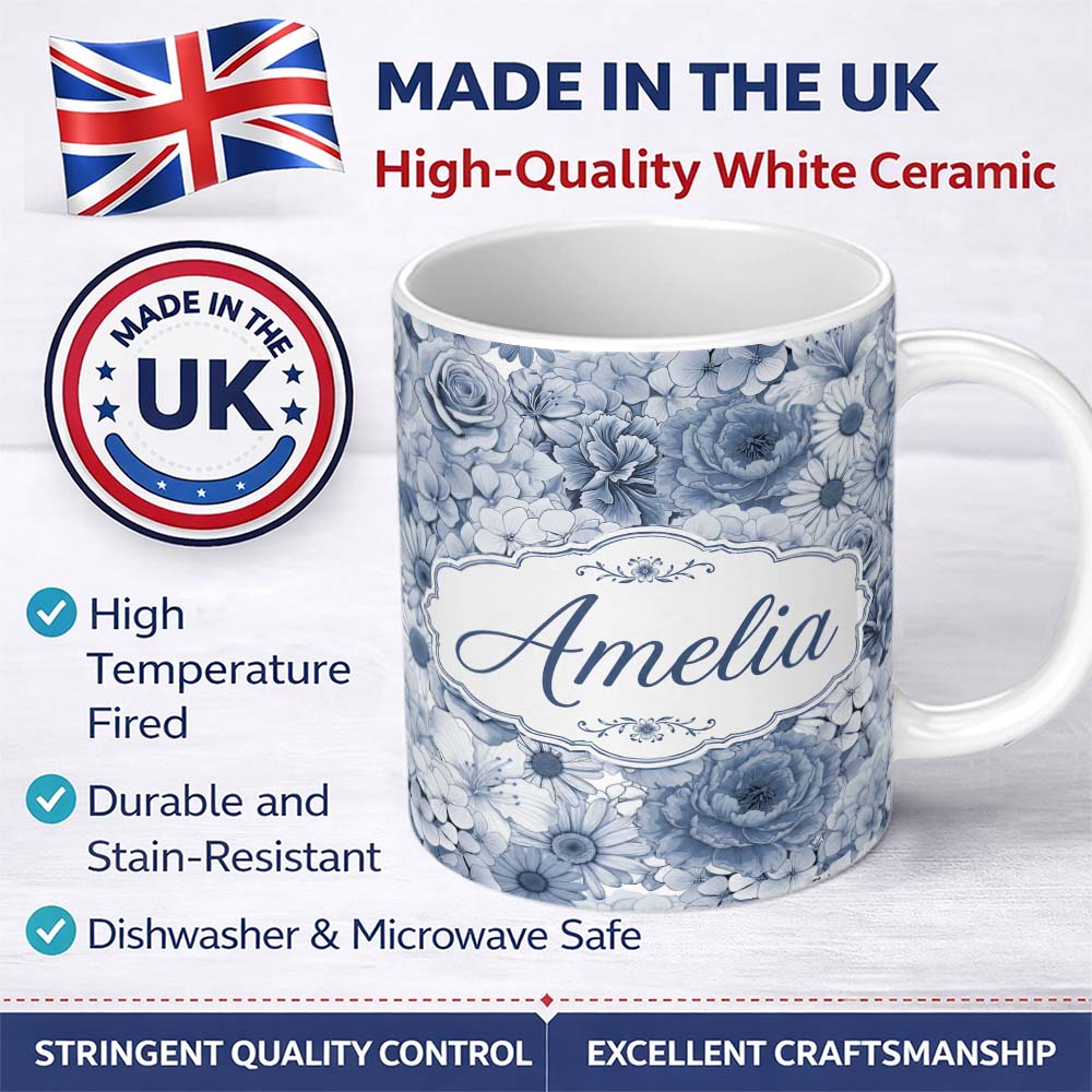 Personalized Custom Name Soft Blue Toned Floral Bouquet Seamless Pattern with Roses Peonies 11oz Ceramic Coffee Tea Mug White Large Handle