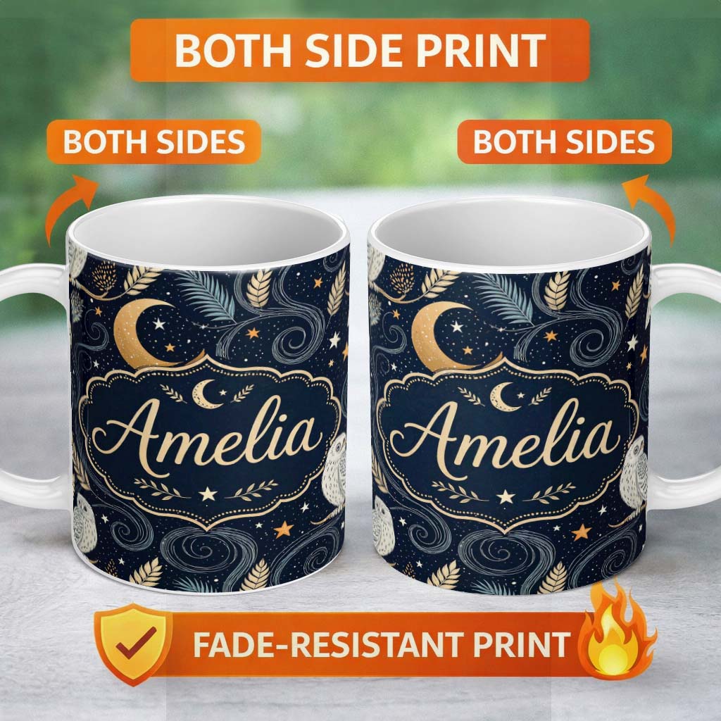 Personalized Custom Name Moon Floral Night Sky Botanical Seamless Pattern Cute Unique Gift 11oz Ceramic Coffee Tea Mug White Large Handle