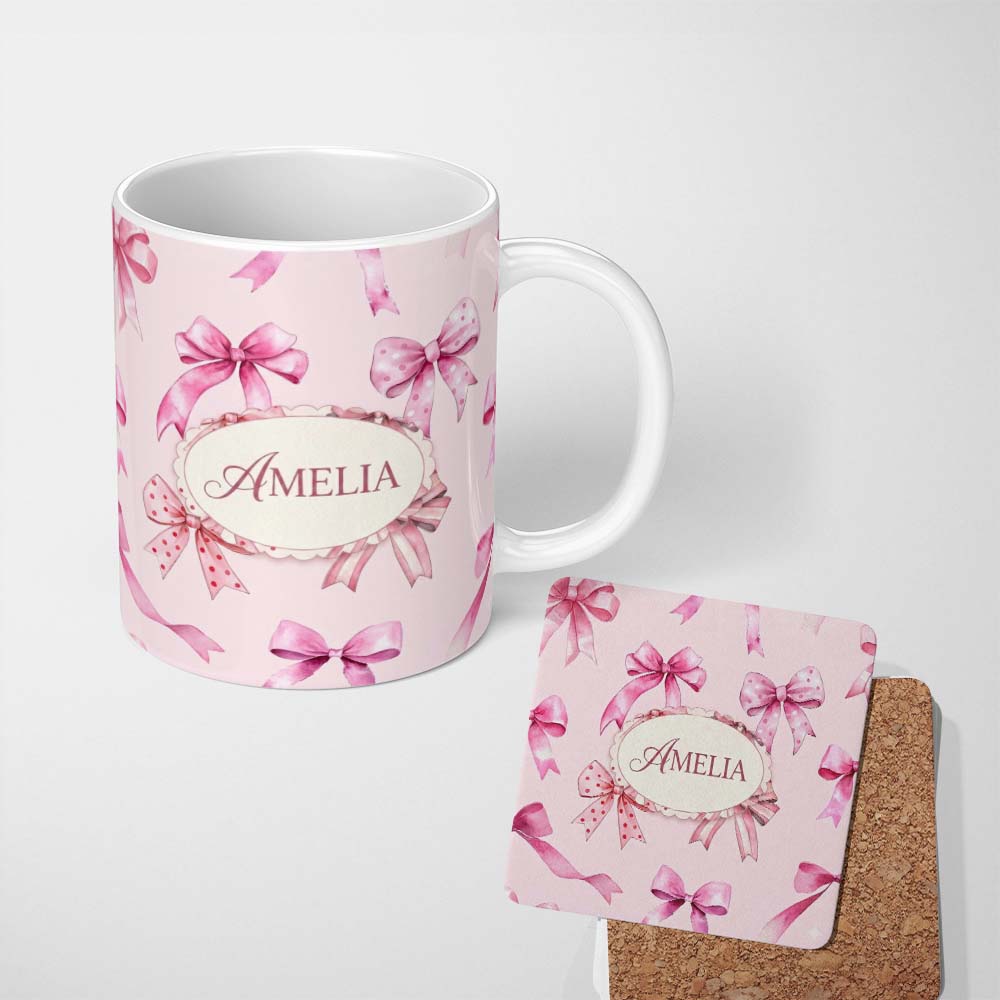 Personalized Custom Name Watercolor Pink Ribbon Bows Soft Blush Background Seamless Pattern 11oz Ceramic Coffee Tea Mug White Large Handle