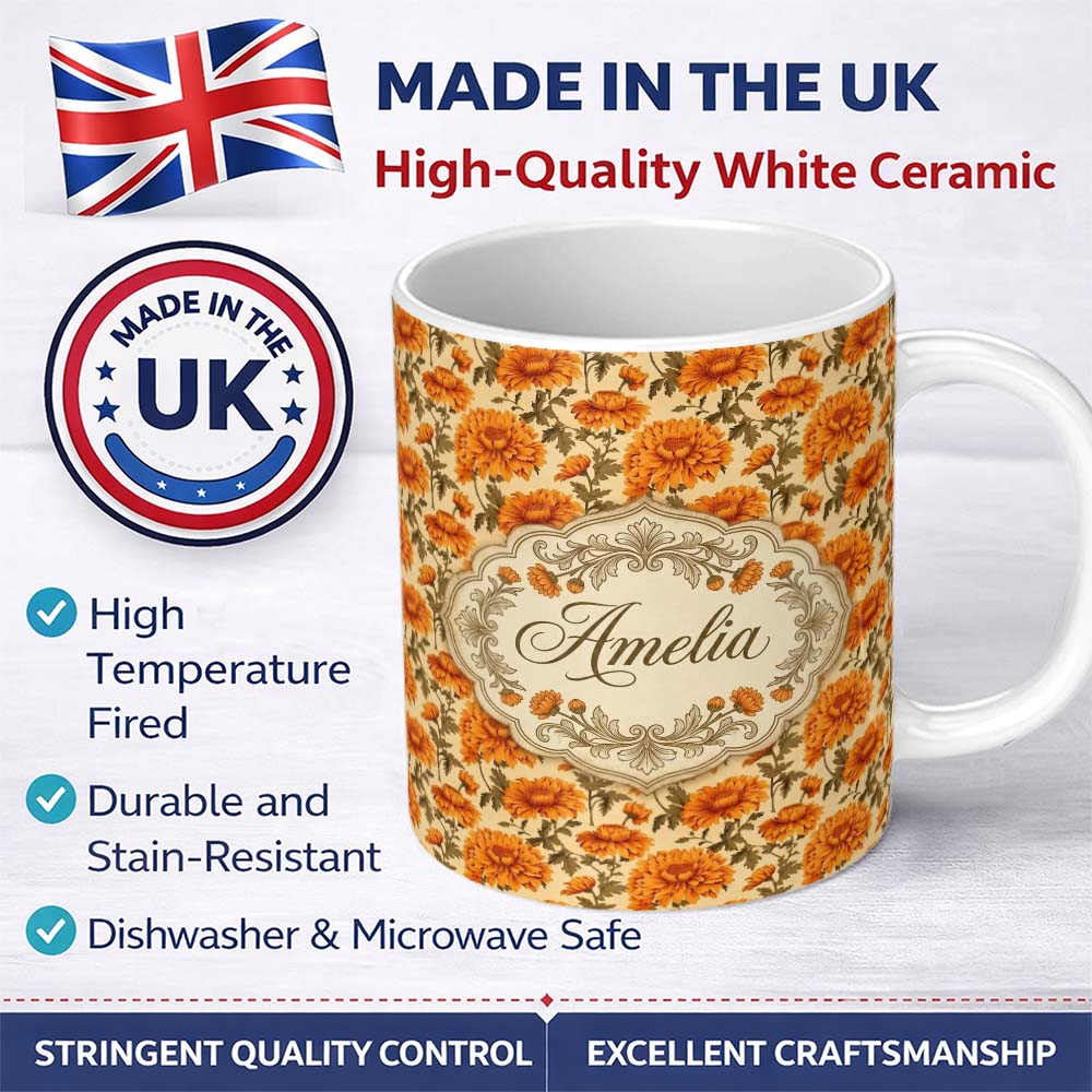 Personalized Custom Name Painterly Floral with Textured Brushstroke Effect on Light Lovely 11oz Ceramic Coffee Tea Mug White Large Handle