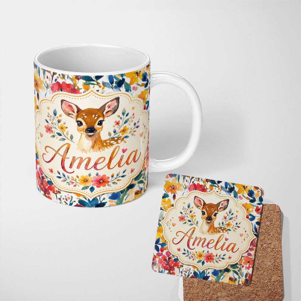 Personalized Custom Name Watercolor Baby Deer Fawn with Colorful Floral Botanical Background 11oz Ceramic Coffee Tea Mug White Large Handle